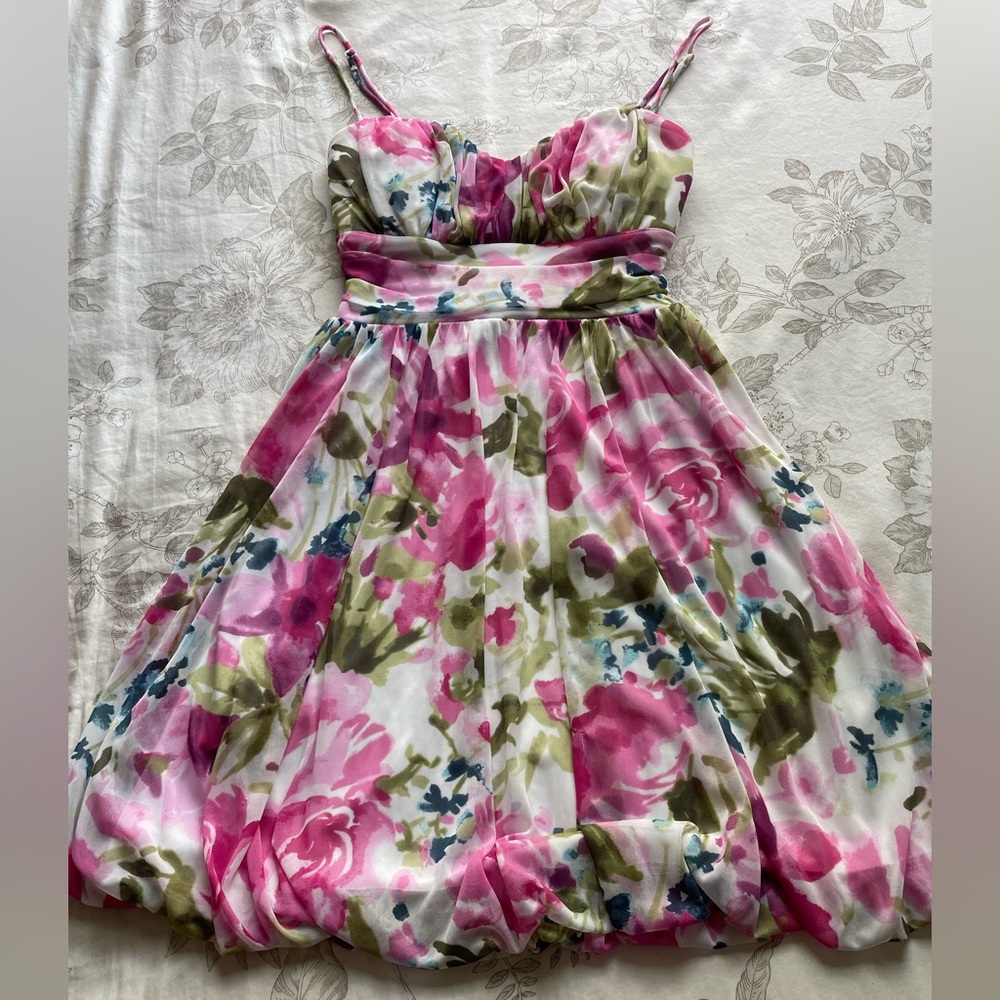 Y2K Watercolor Floral Tie Back Bubble Hem Mini Dress Small Garden Party Fairy